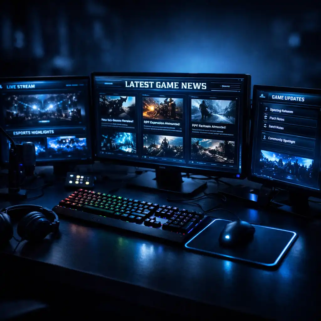 Gamingowe stanowisko z monitorami i newsami