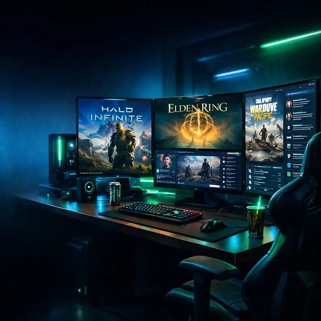Nowoczesne stanowisko gamingowe z wieloma monitorami i neonowym oświetleniem
